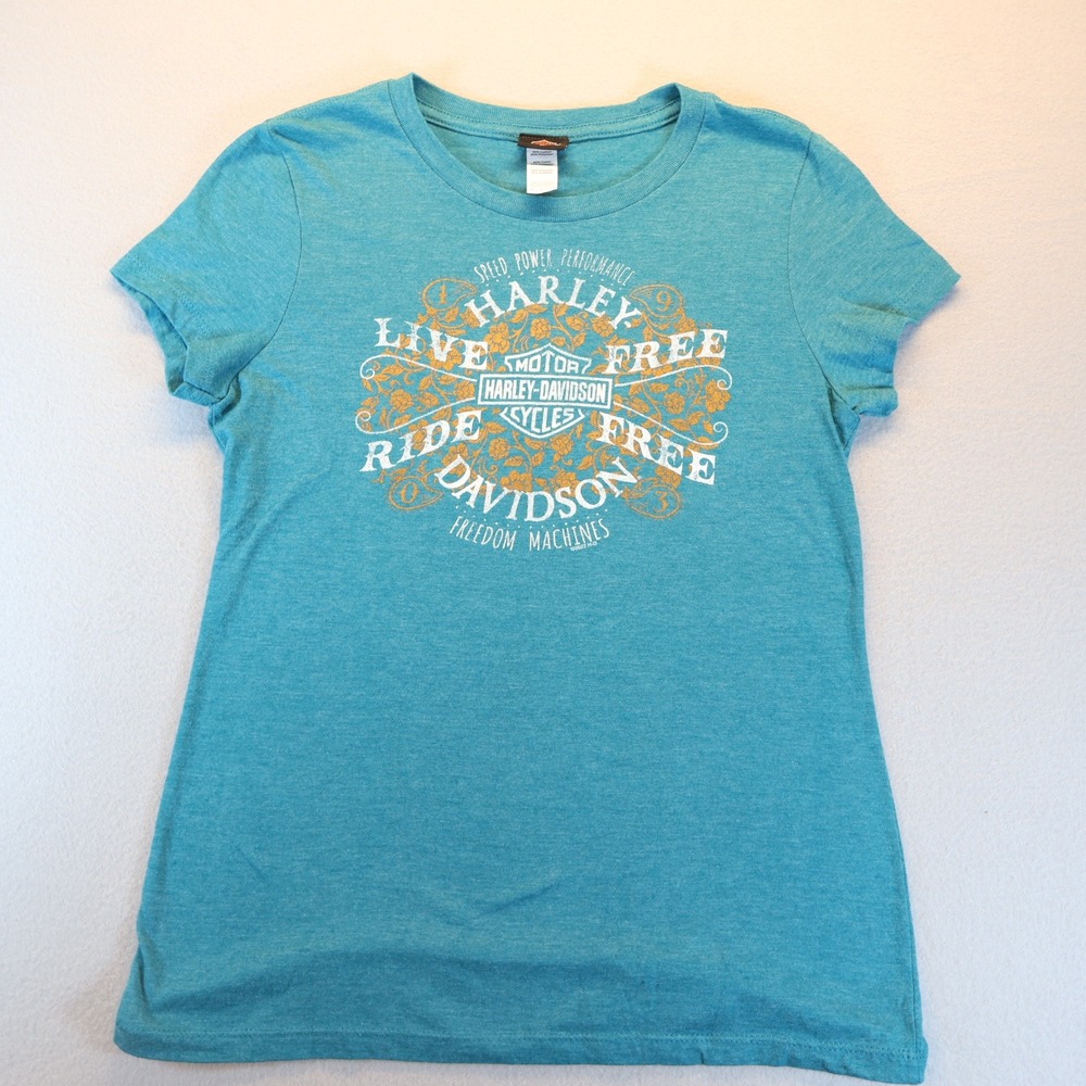 Harley-Davidson Women Teal Live Free Ride Free Horny Toad Temple Texas Shirt S